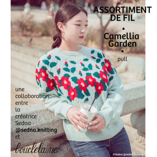 assortiment de fil • camellia garden • pull dessiné par Sedna @sedna.knitting